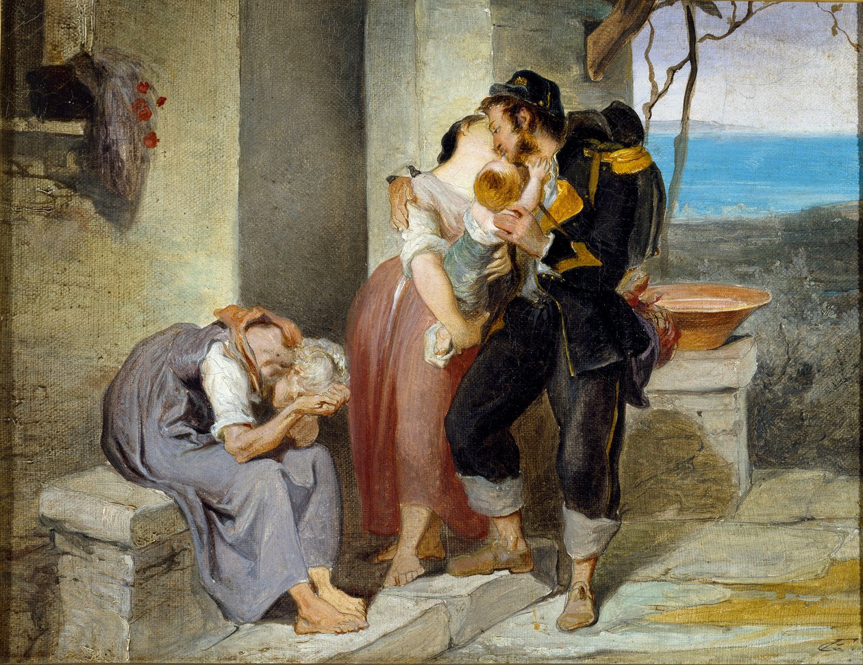 Partida do soldado De família, o soldado deixa a sua mulher e filho em lágrimas para ir para a guerra. Pintura de Francesco Gandolfi (1824-1873) Dim. 27x38 cm Genes Nervi, Civica Galleria d