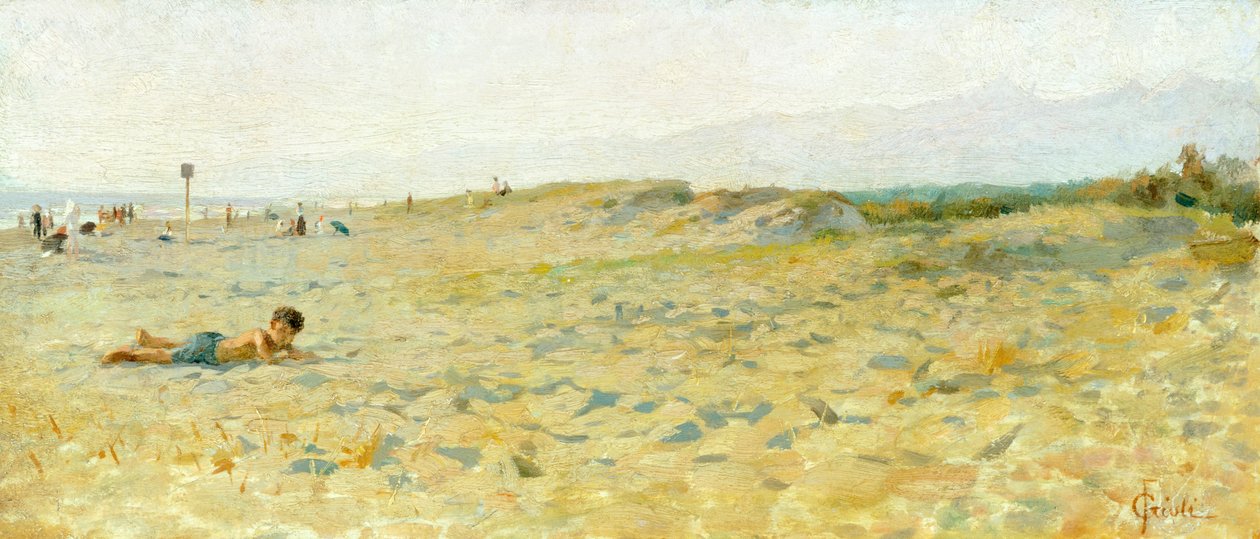 Praia em Cinquale por Francesco Gioli (1846-1922), óleo sobre painel de Francesco Gioli