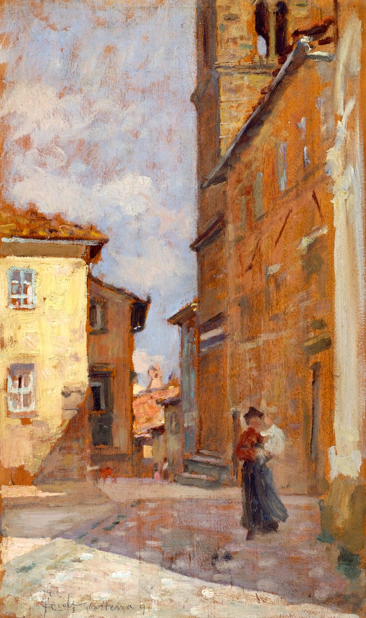 Na rua em Volterra por Francesco Gioli (1846-1922), óleo sobre painel, 38x23 cm de Francesco Gioli