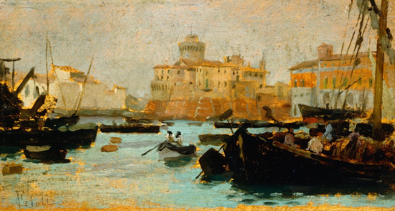 Porto em Livorno de Francesco Gioli (1846-1922), óleo sobre painel, 9x17 cm de Francesco Gioli