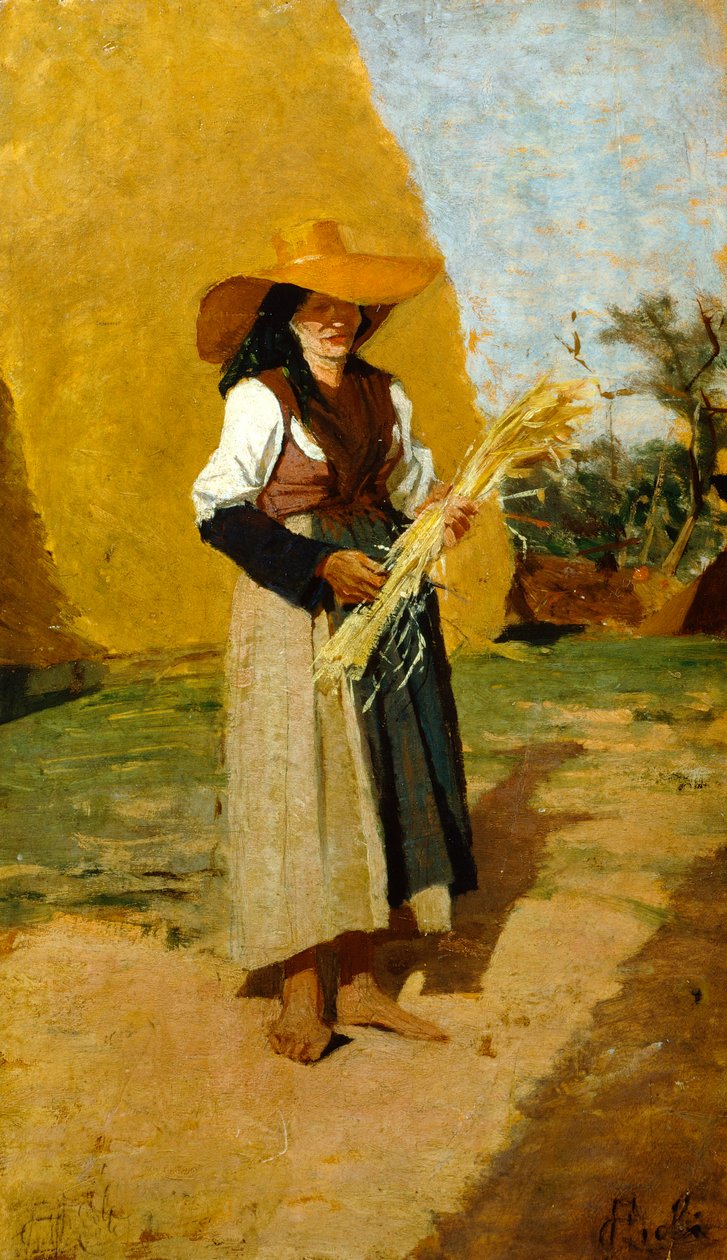 Estudo para Gleaner (mão de campo feminina) por Francesco Gioli (1846-1922), óleo sobre painel, 32x19 cm de Francesco Gioli