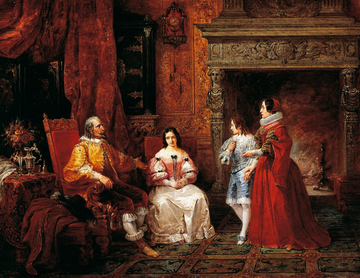 Príncipe conta ao jovem príncipe e sua mãe a decisão de Gertrude de se tornar freira, episódio de Betrothed por Alessandro Manzoni (1785-1873) de Francesco Gonin