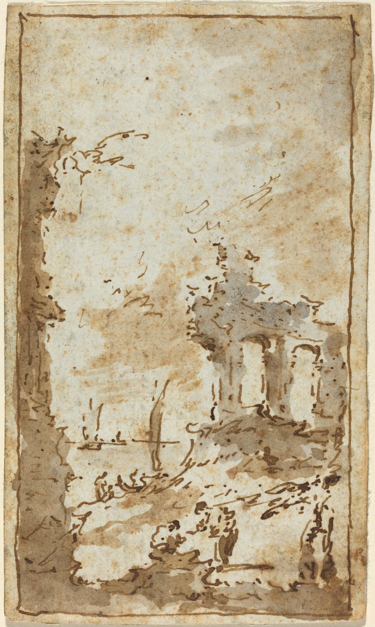 Um capricho de ruínas à beira da lagoa de Francesco Guardi