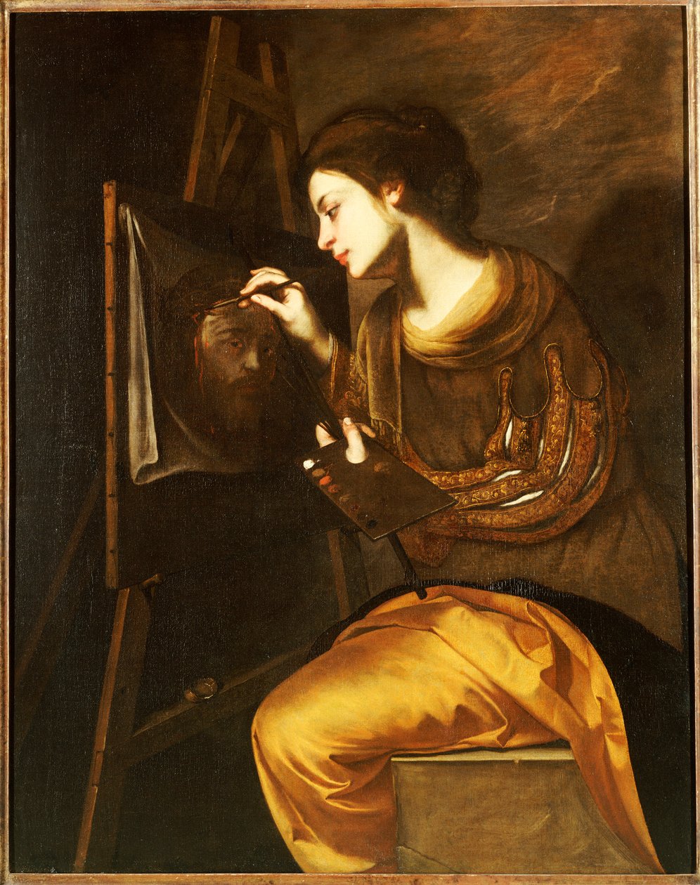 Uma artista pintando a imagem do Sudário de Francesco Guardi