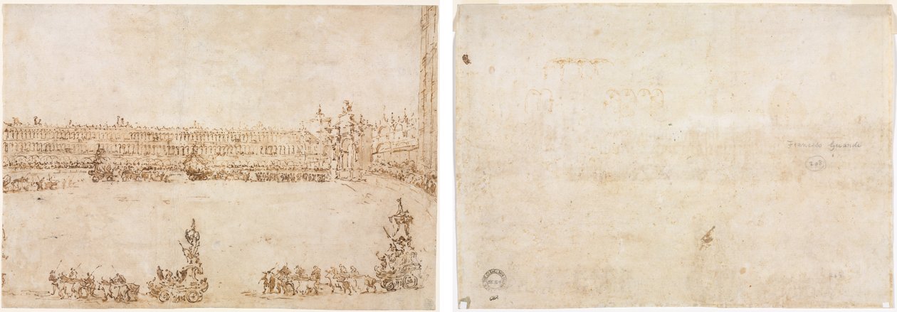 Uma procissão de carros triunfais na Piazza San Marco, Veneza, celebrando a visita do Conti del Nord (reto) Três esboços de arcos (verso) de Francesco Guardi