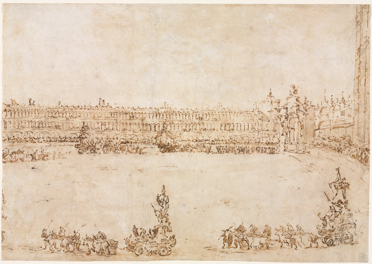 Uma procissão de carros triunfais na Piazza San Marco, Veneza, celebrando a visita do Conti del Nord (reto) de Francesco Guardi