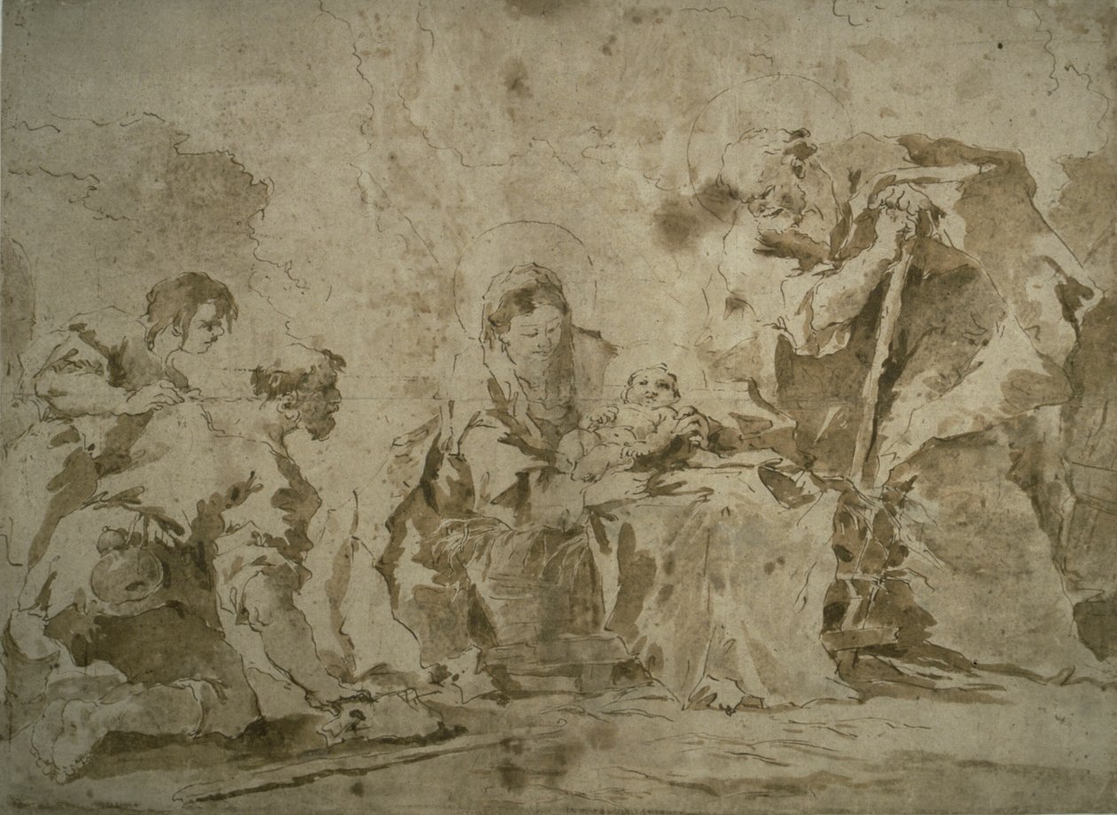 Adoração dos Pastores (anverso); Três esboços: Edifícios junto ao Canal com Barcos, Paisagem com Buldings na Encosta, Edifícios com Pórtico (verso) de Francesco Guardi