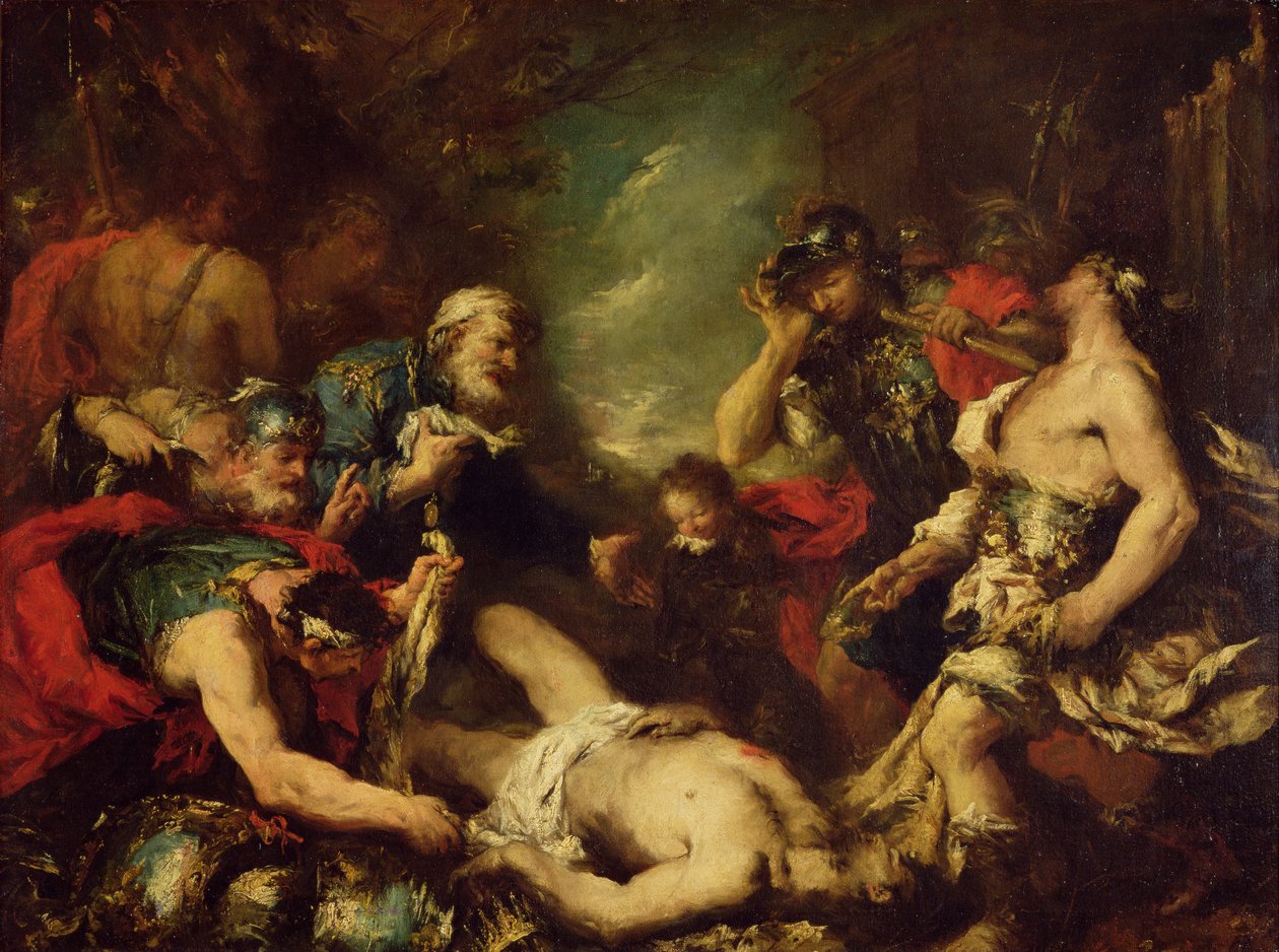 Alexandre, o Grande, antes do cadáver de Dario III, 330 aC, século XVIII de Francesco Guardi