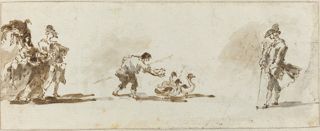Um casal elegante, um ganso e um cavalheiro [reto] de Francesco Guardi
