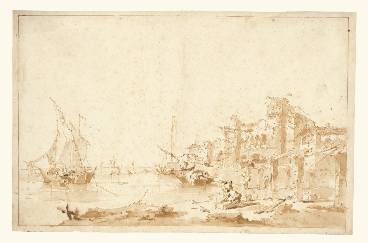 Uma vista imaginária de uma lagoa veneziana, com uma fortaleza junto à costa de Francesco Guardi