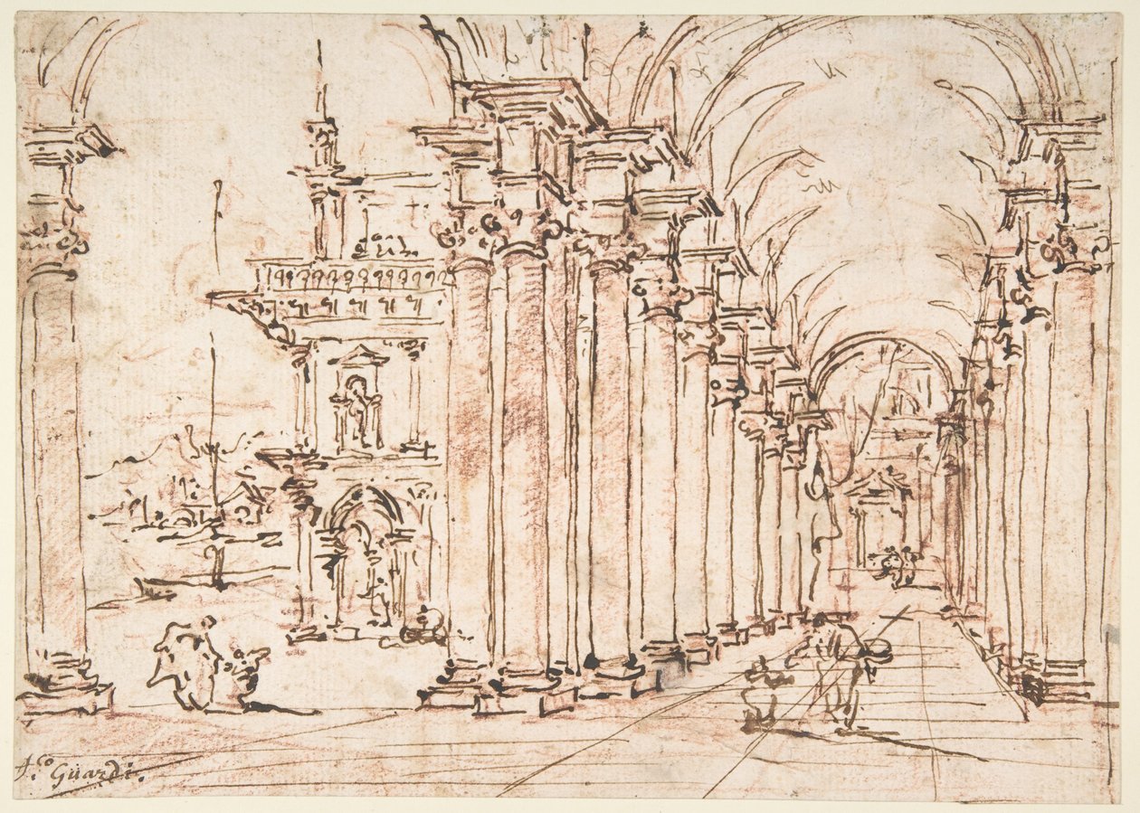 Capricho arquitetónico: colunata abobadada de um palácio de Francesco Guardi