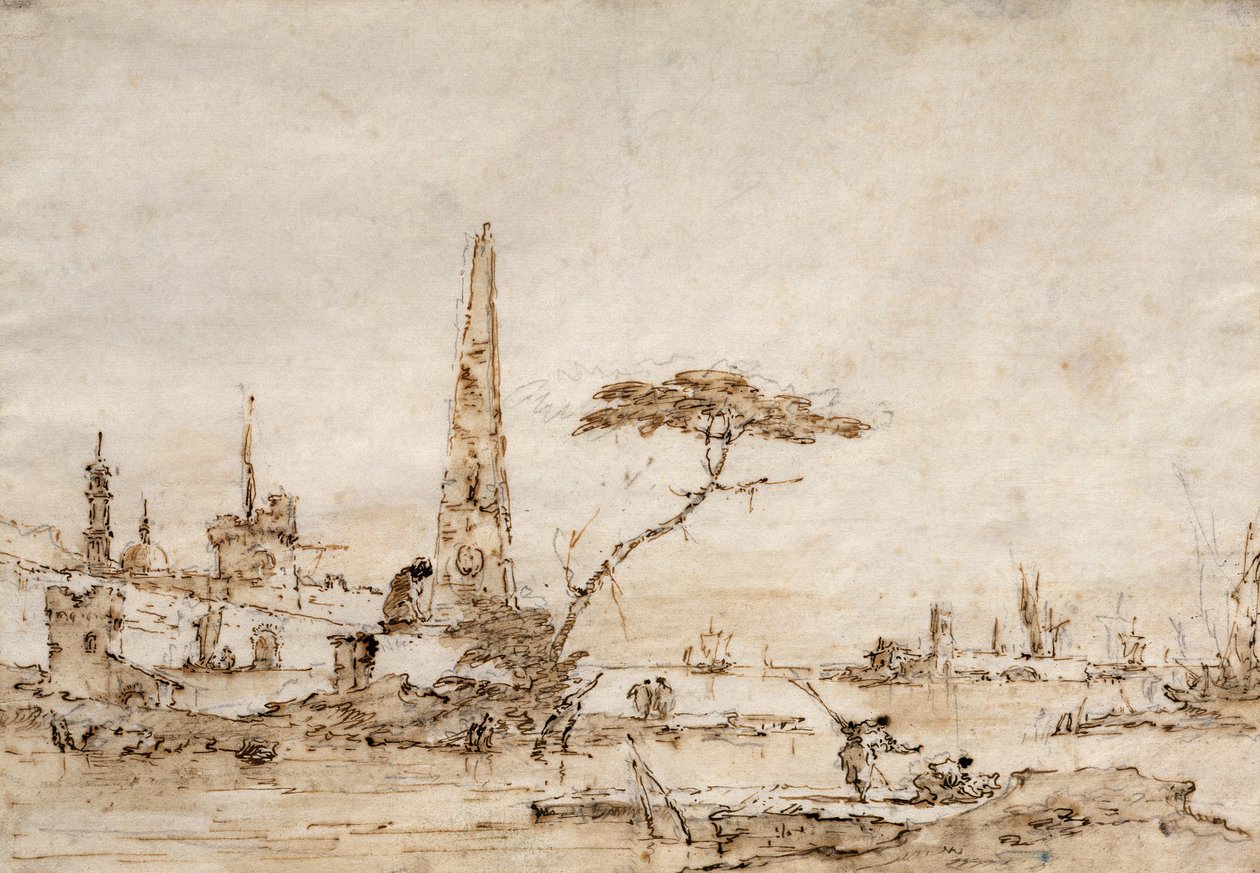 Capriccio ao lado de uma lagoa veneziana com um Obelisco e um Leão fora dos Muros de uma Cidade Fortificada (caneta e tinta) de Francesco Guardi