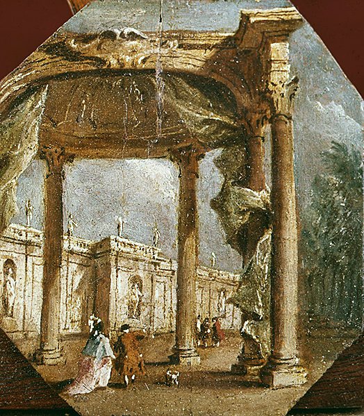 Capriccio de uma Loucura com um Casal Elegante e um Cão (óleo sobre painel) de Francesco Guardi