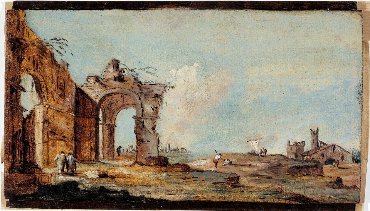Caprice, com arco em ruínas e casas de pescadores de Francesco Guardi