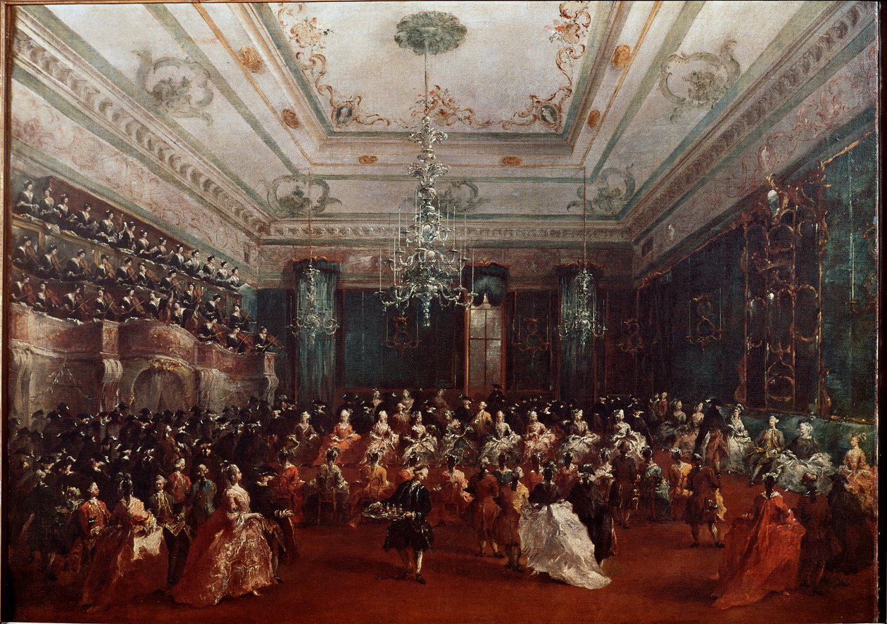 Concerto de gala no Casino dei Filodrammatici em concerto feminino de Veneza. Pintura de Francesco Guardi (1712-1793) Dim. 67x90 cm Munique, Alte Pinakothek de Francesco Guardi
