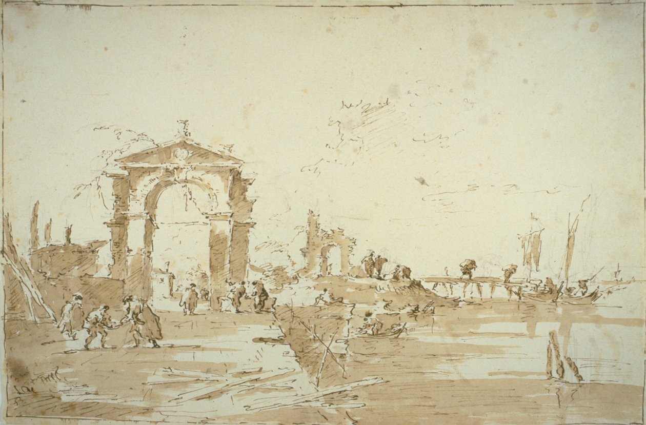 Gateway perto de uma ponte de desembarque de Francesco Guardi