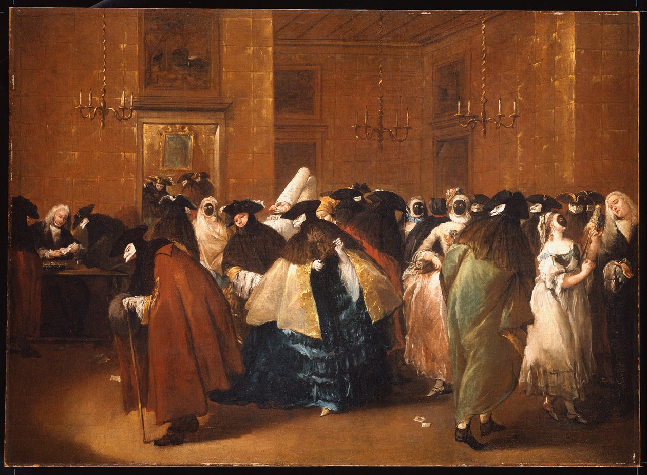 Senhoras e senhores em traje de carnaval no Ridotto, Veneza de Francesco Guardi