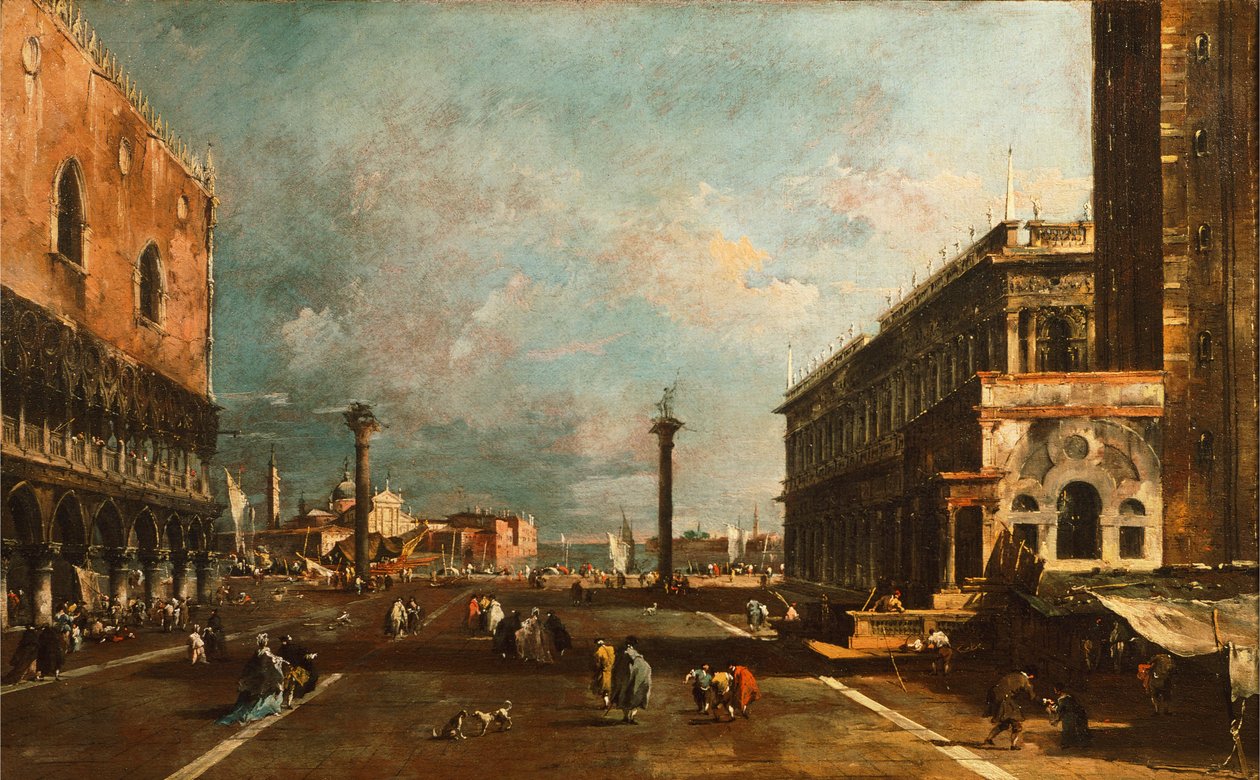 Praça de São Marquinho em direcção a San Giorgio, Veneza por Francesco Guardi (1712-1793), óleo sobre tela, 45x72 cm de Francesco Guardi