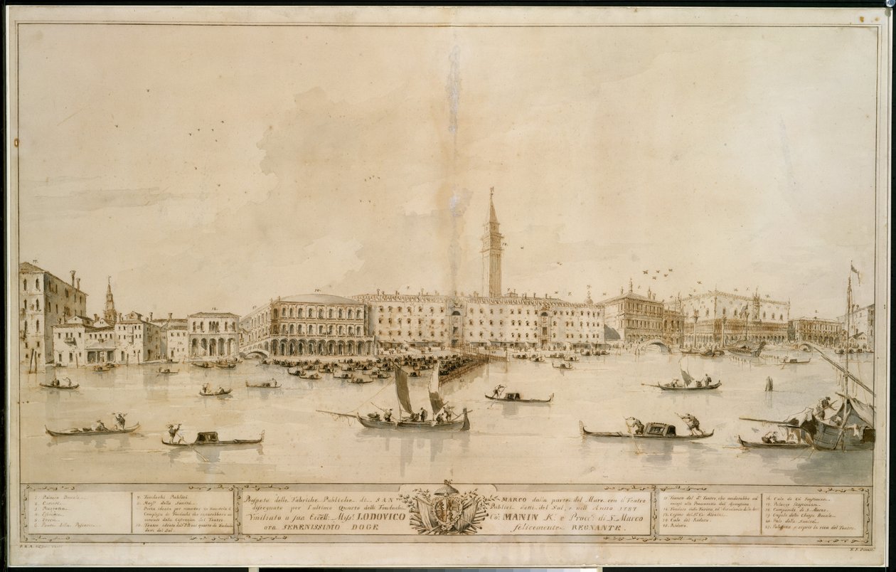 Panorama de Veneza a partir da bacia de São Marcos, incluindo o projeto para o proposto Teatro Manin de Francesco Guardi