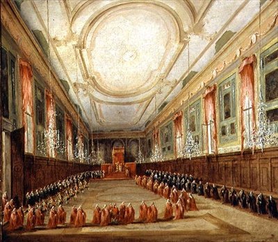 Papa Pio VI (1717-99) e Doge Paolo Renier na Igreja da SS. Giovanni e Paolo (óleo sobre tela) de Francesco Guardi