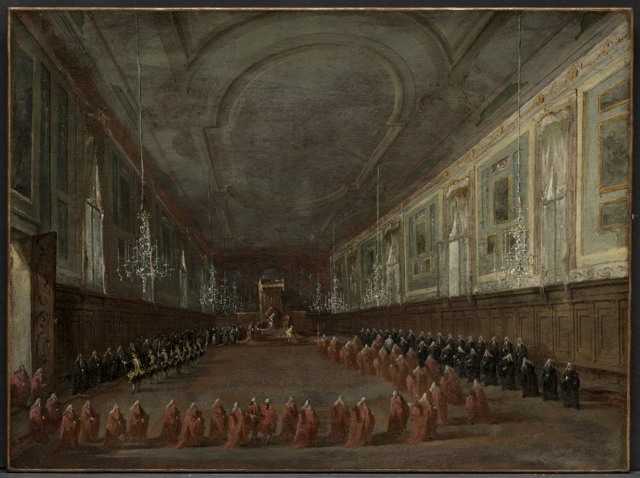 Papa Pio VI Descendo o Trono para Despedir-se do Doge no Salão ..., c. 1783 de Francesco Guardi