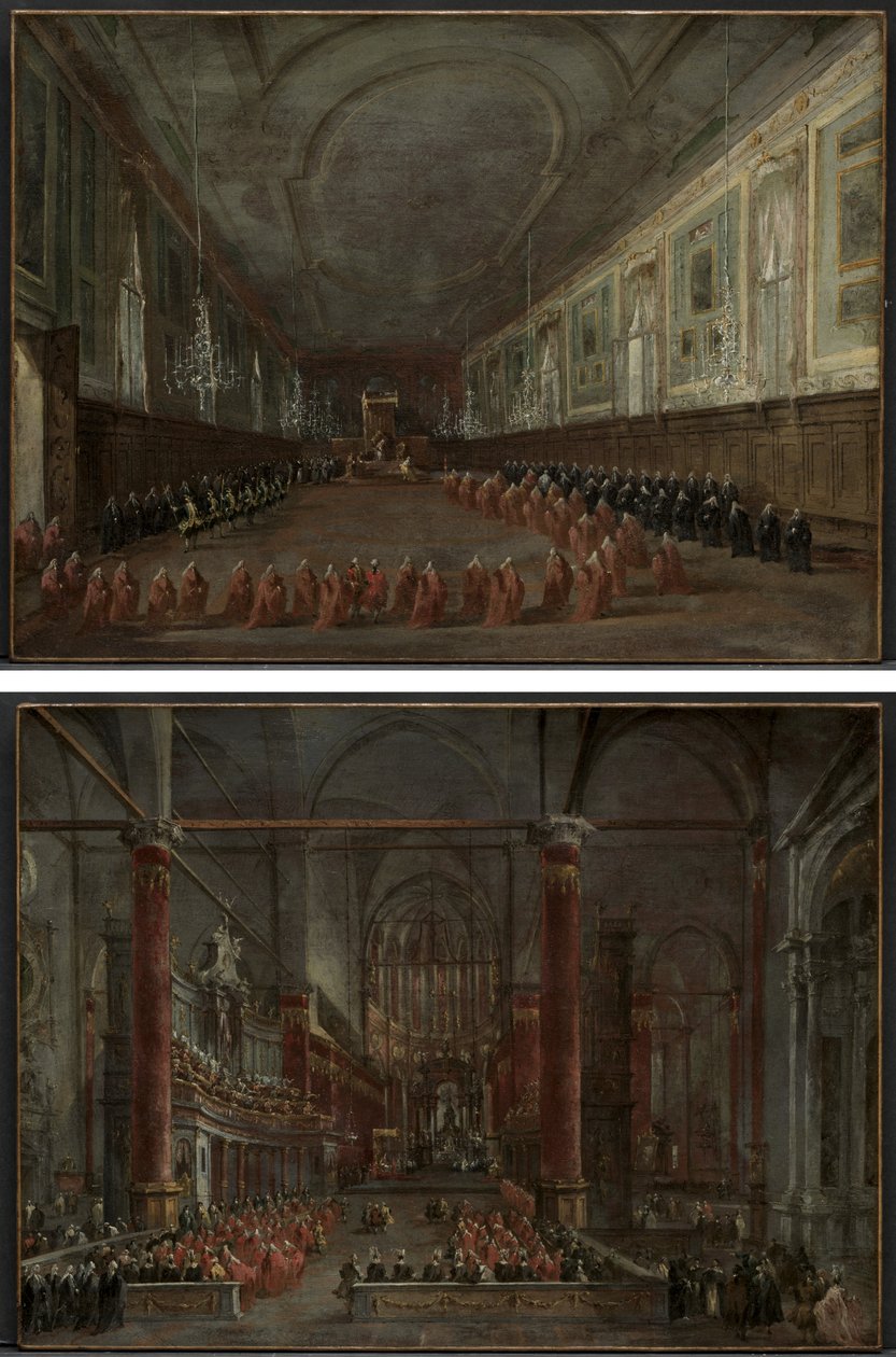 Papa Pio VI descendo o trono para despedir-se do Doge no Salão da SS. Giovanni e Paolo, 1782 e Cerimônia Pontifícia em SS. Giovanni e Paolo, Veneza, 1782 (par) de Francesco Guardi