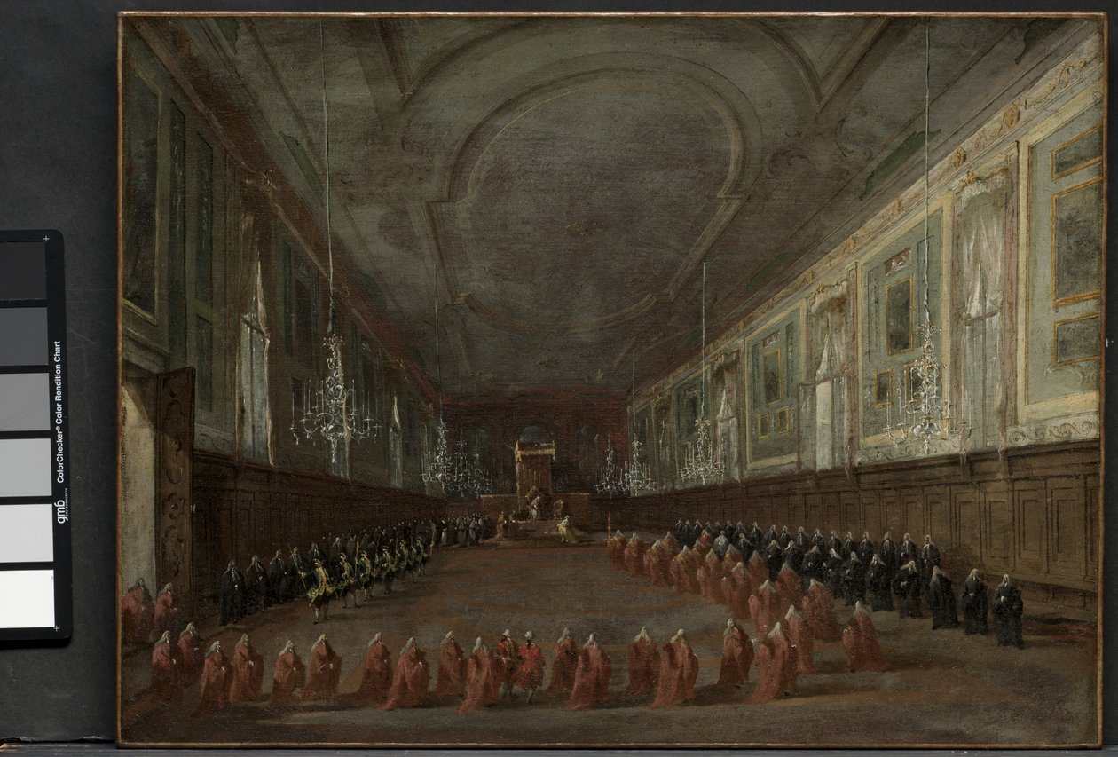 O Papa Pio VI desce o trono para se despedir do Doge no Salão da SS. Giovanni e Paolo, 1782 e Cerimônia Pontifícia na SS. Giovanni e Paolo, Veneza, 1782, c. 1783 de Francesco Guardi