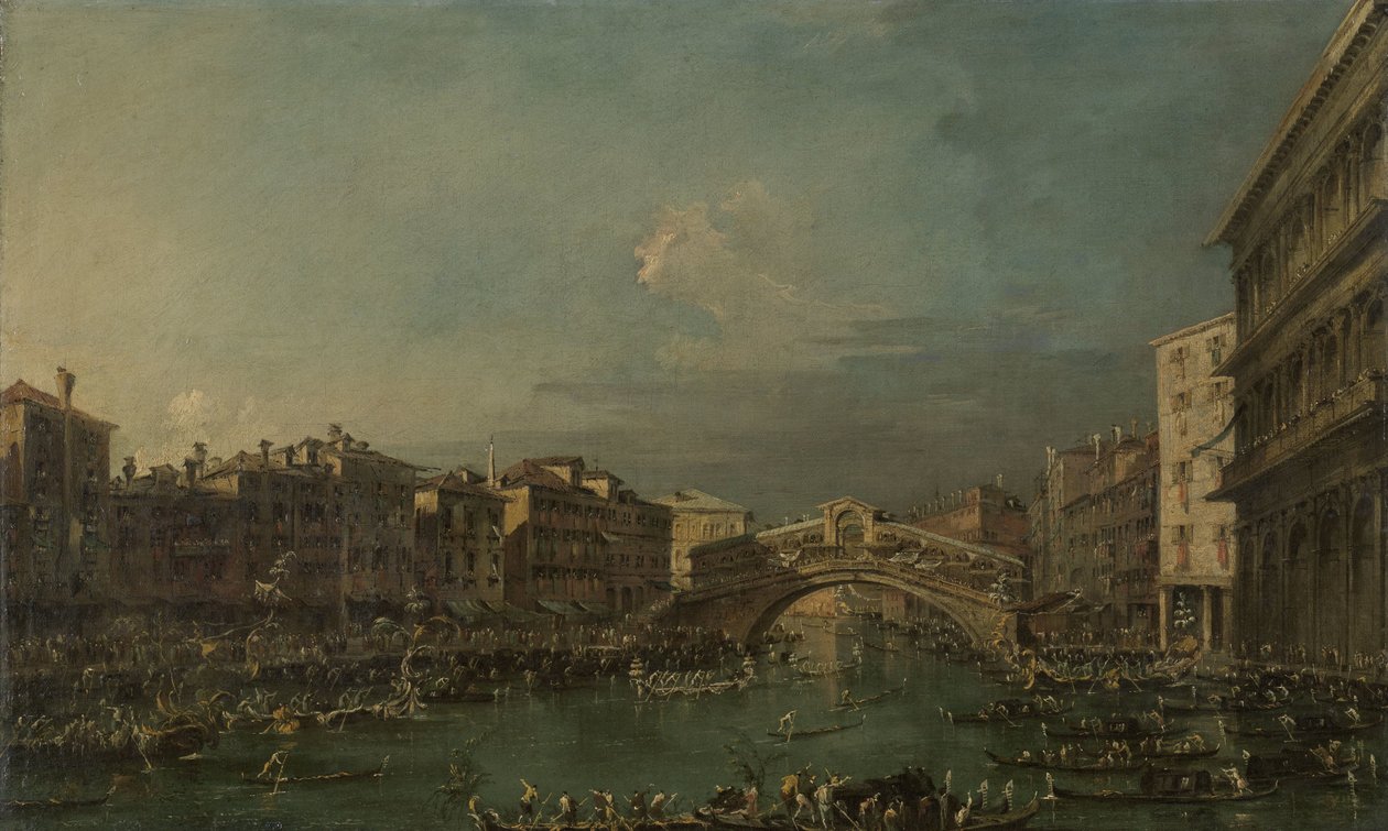 Regata no Grande Canal, perto da Ponte de Rialto, Veneza de Francesco Guardi