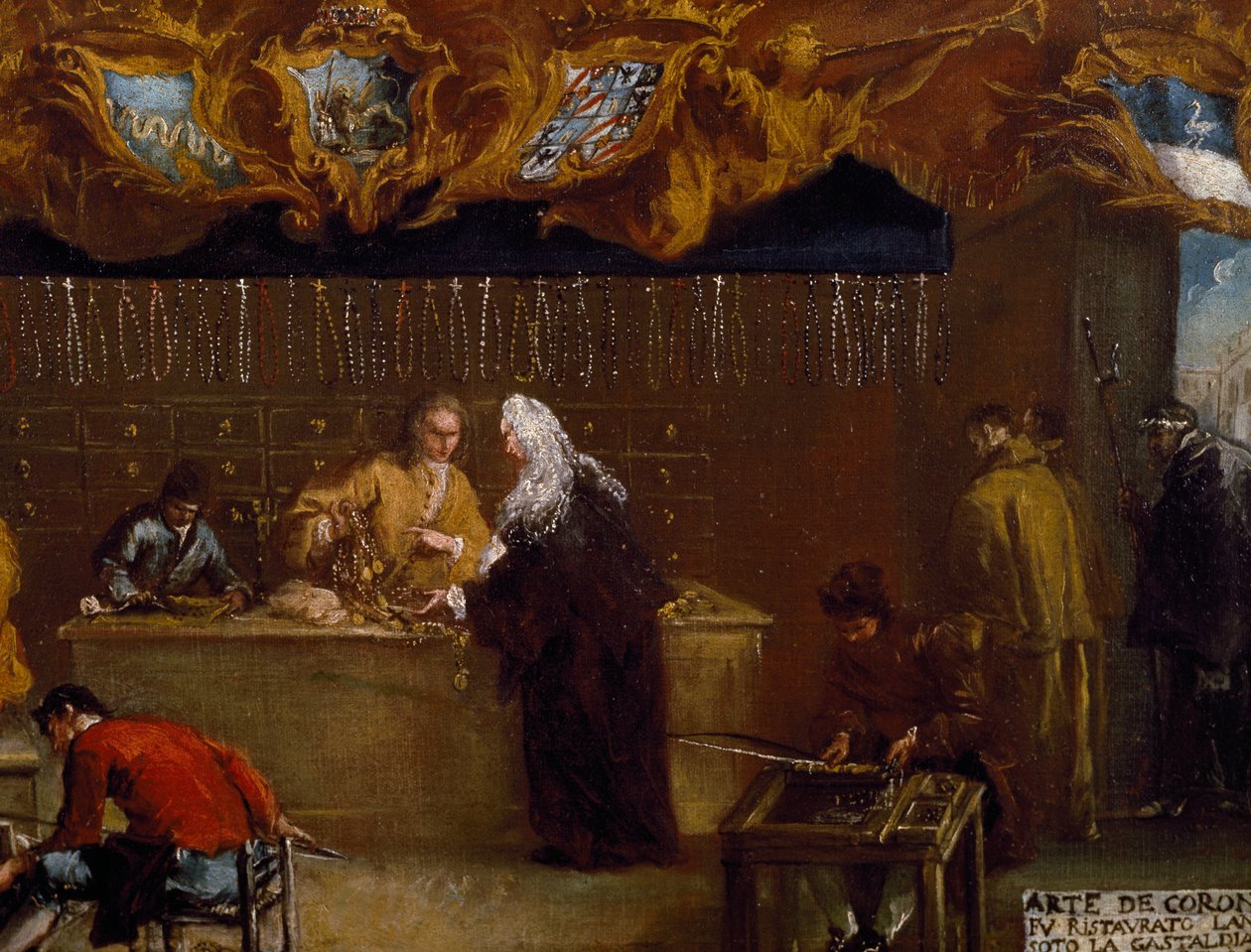 Placa de sinalização da Guild of Coroneri (confecção de rosários) em Veneza de Francesco Guardi