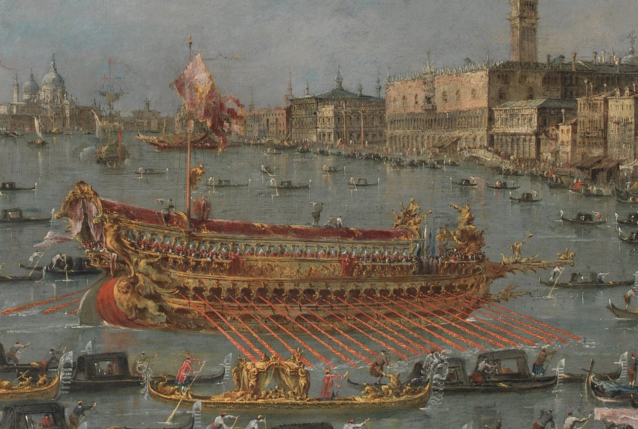 O Festival Bucintoro de Veneza. O Bacino di S. Marco com o Bucintoro, a Barca do Estado dos Doges, no Dia da Ascensão (detalhe), 1780-93 de Francesco Guardi