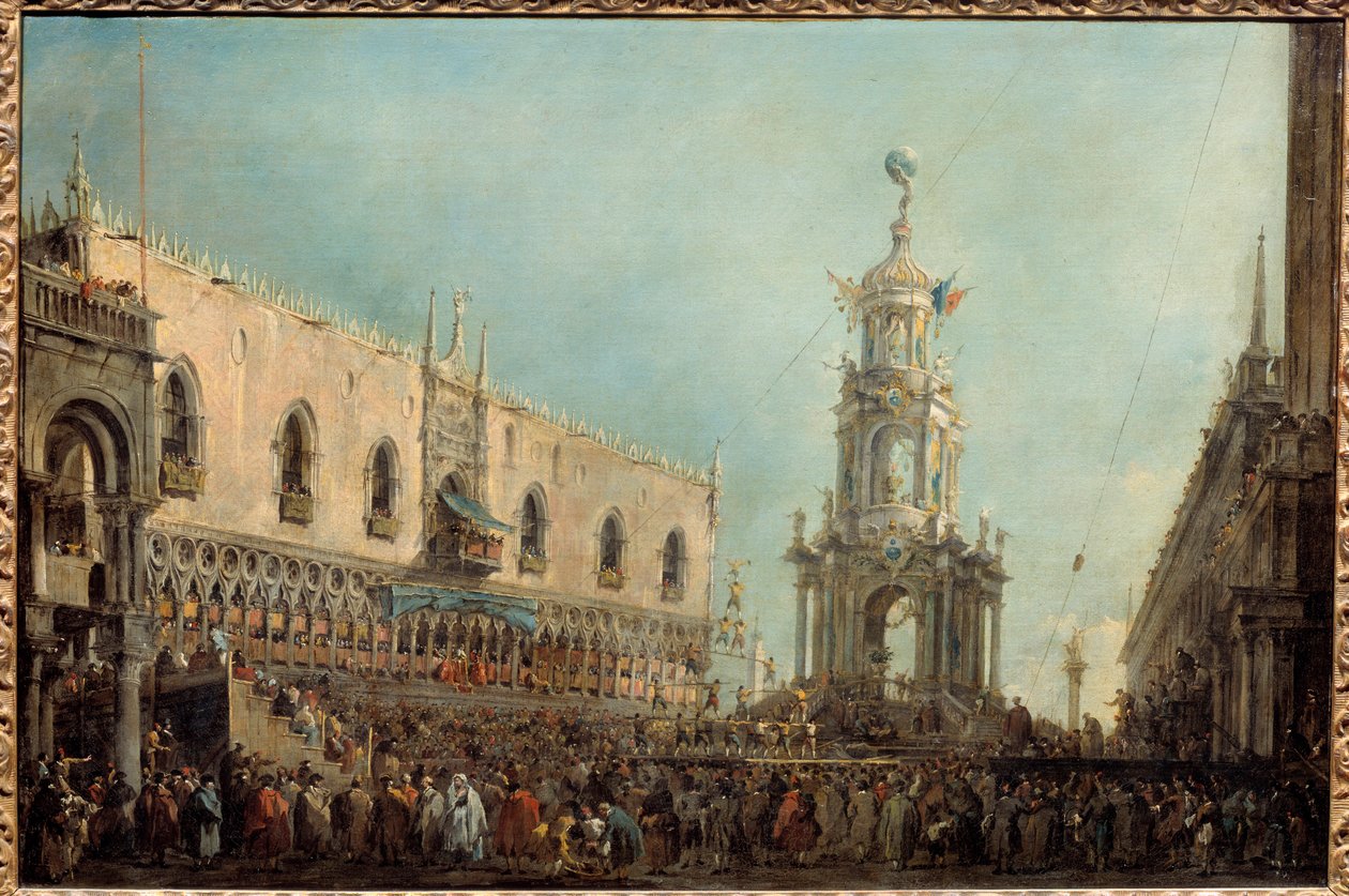O Doge de Veneza assiste às celebrações da quinta-feira de Carnaval na Piazzetta di San Marco Doge Alvise IV Mocenigo (1701-1778), na varanda do Palácio dos Doges, às actuações acrobáticas. Pintura de Francesco Guardi (1712-1793) 1766-1770 Sol. 0,67x1 m de Francesco Guardi