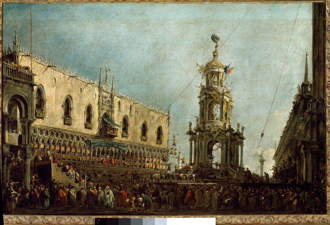 O Doge de Veneza assiste às celebrações da Terça-feira de Shrive na Piazzetta di San Marco (óleo sobre tela de Francesco Guardi