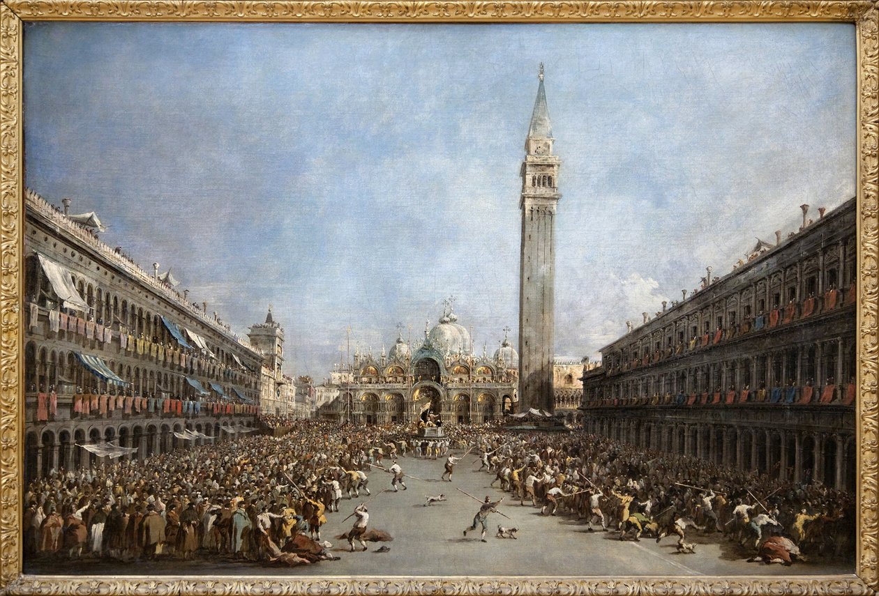 O Doge de Veneza trazido pelos gondolianos após sua eleição para a Praça de São Marcos (San Marco) (vista da Basílica de São Marcos e do campanário), Pintura a óleo por Francesco Guardi (1712-1792). Fotografia, KIM Youngtae, Grenoble, Musee de Grenoble. de Francesco Guardi