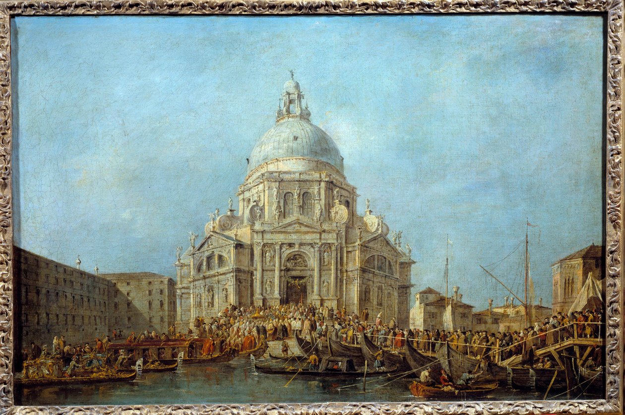 O Doge de Veneza vai à Igreja de Santa Maria della Salute no dia 21 de novembro, dia da comemoração do fim da praga de 1630. Este é provavelmente o Doge Alviso IV Mocenigo (1763-1778). Pintura de Francesco Guardi (1712-1793) 1775-1780 Su de Francesco Guardi