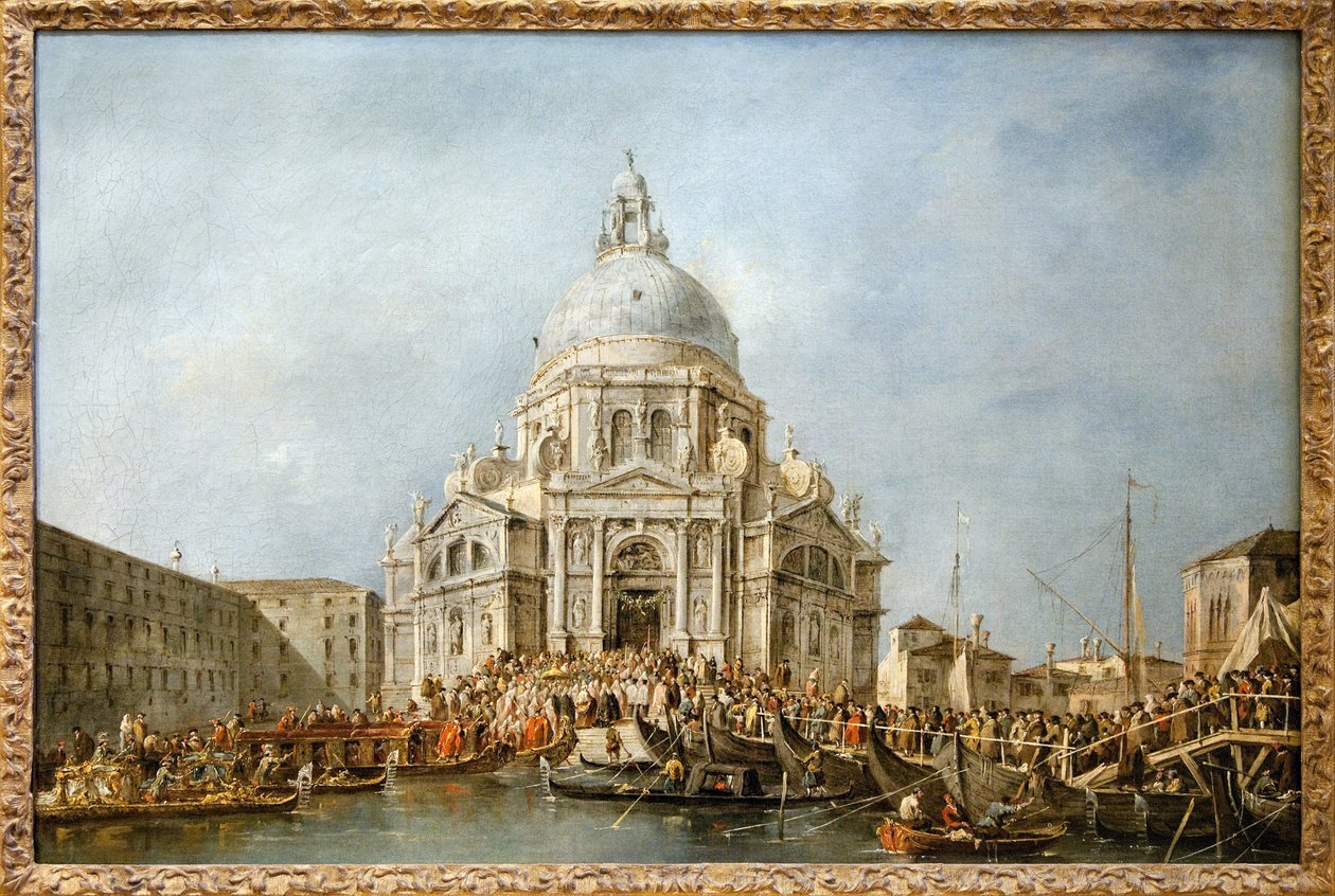O Doge de Veneza vai à Saudação de Veneza, Todos os anos no dia 21 de Novembro o Doge vai à Basílica de Santa Maria della Salute, edificada em acção de graças pelo fim da praga de 1630, para agradecer à Virgem por esta delivrance, uma ponte de barco. de Francesco Guardi