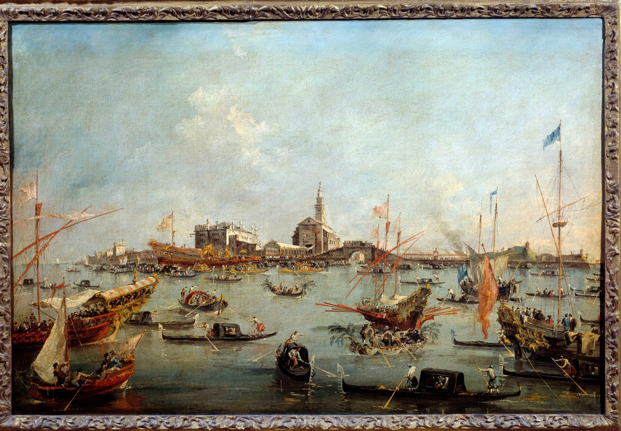 O Doge no Bucentauro (Bucentoro) em San Nicolo em Veneza no dia da Ascensão Este é provavelmente o Doge Alvise IV Mocenigo (1763-1778). Pintura de Francesco Guardi (1712-1793) 1775-1780 Sol. 0,67x1m de Francesco Guardi