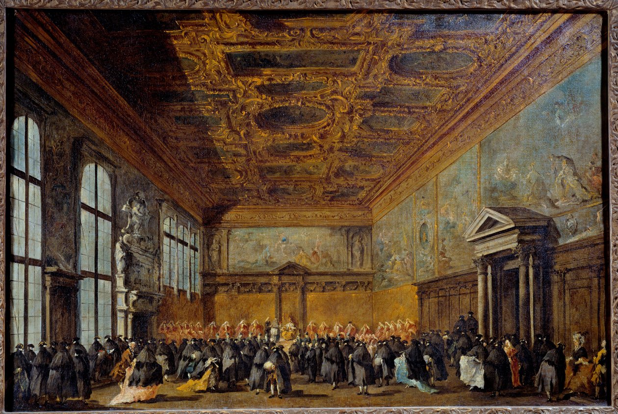 A audiência concedida pelo Doge de Veneza (provavelmente Alvise IV Mocinego (1701-1778)) na Sala do Colégio no Palácio Ducal de Veneza Pintura de Francesco Guardi (1712-1793) 1766-1770 Sol. 0,67 x 1,01 m de Francesco Guardi