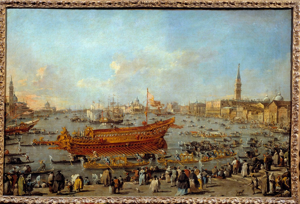 A partida do Bucentauro (Bucentoro) em direção ao Lido de Veneza no dia da Ascensão Pintura de Francesco Guardi (1712-1793) 1766-1770 Sol. 0,66x1,01 m - A partida do Bucentauro (Bucentoro) em direção ao Lido de Veneza para a cerimônia do Dia da Ascensão. P de Francesco Guardi