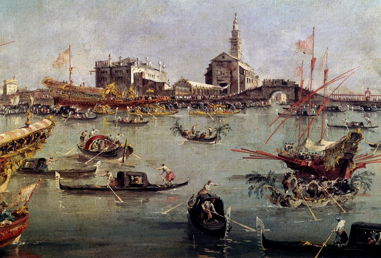 O doge no Bucentauro (Bucentoro) em San Nicolo de Lido a Veneza, Ascensão Dia Pintura por Francesco Guardi (1712-1793) Paris do século XVIII, Museu do Louvre. de Francesco Guardi