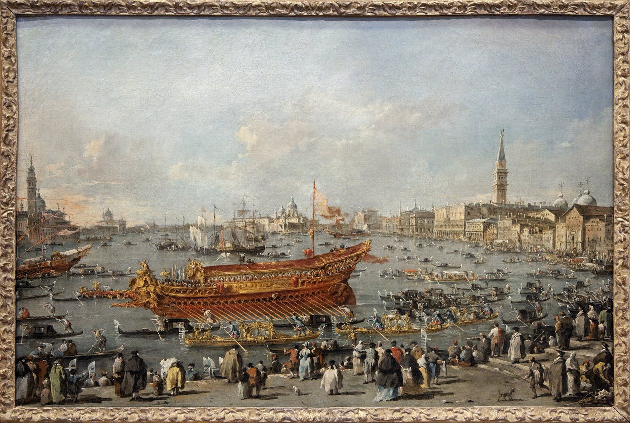 O início do Bucentauro (Bucentoro) em direção ao Lido de Veneza no dia da Ascensão, o Doge participa do grande evento das celebrações da Ascensão, o casamento de Veneza com o Adriático comemorando a conquista da Dalmácia no século XIV. de Francesco Guardi