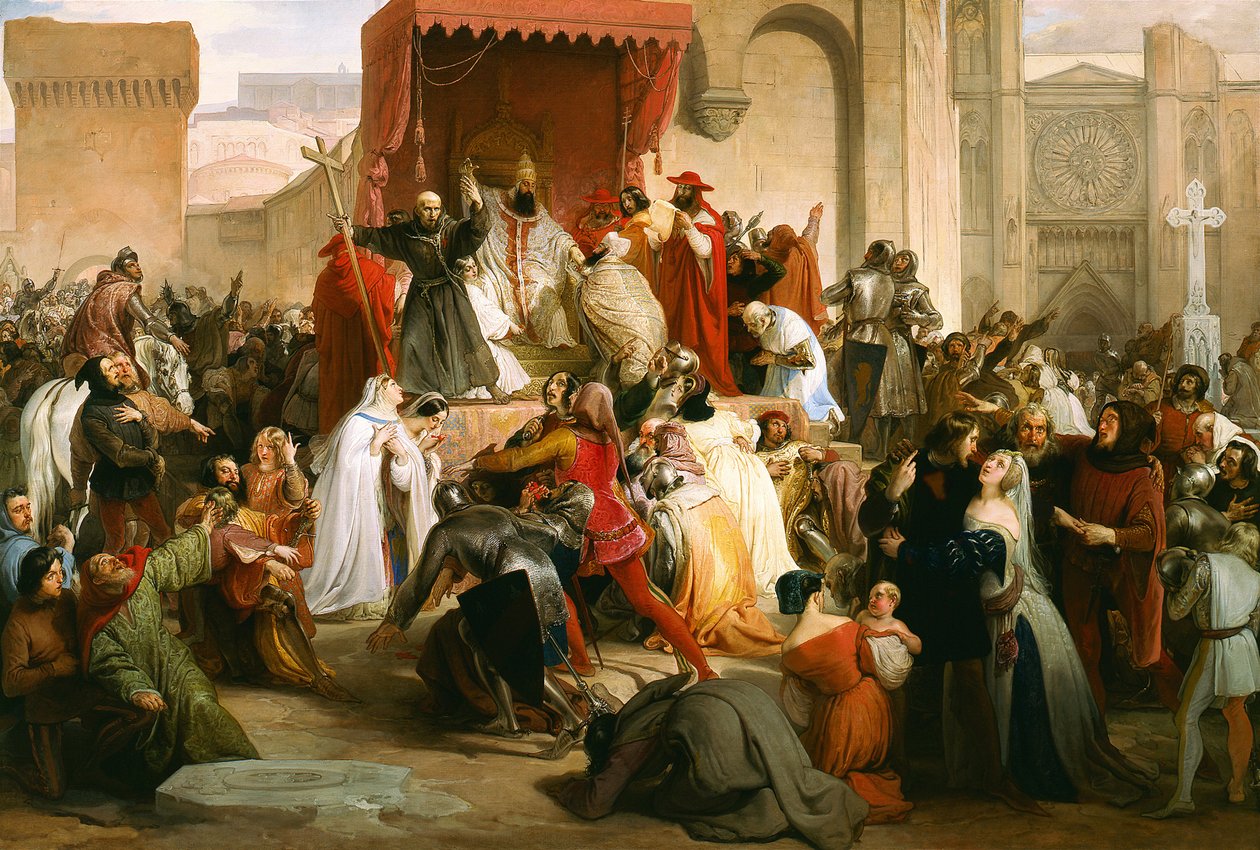"Deus quer": no Concílio de Clermont (hoje Clermont Ferrand, em Auvergne), Pedro, o Eremita (1053-1115), prega a primeira cruzada ao Papa Urbano II - Papa Urbano II Pregação de Francesco Hayez