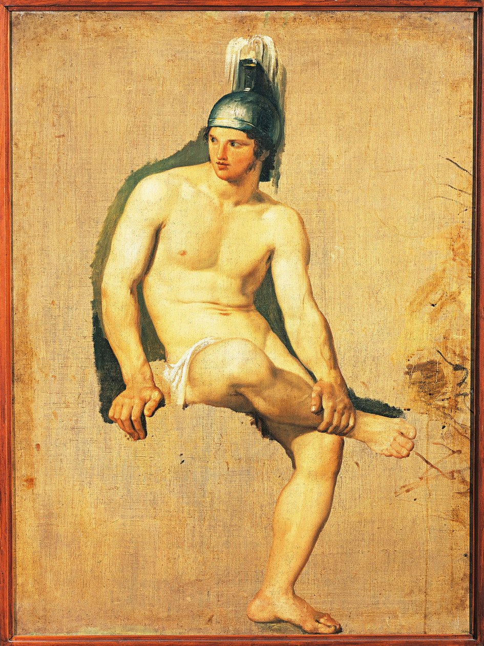 Estudo do Guerreiro Nu Assentado com Capacete na Cabeça, de Francesco Hayez, óleo sobre tela de Francesco Hayez