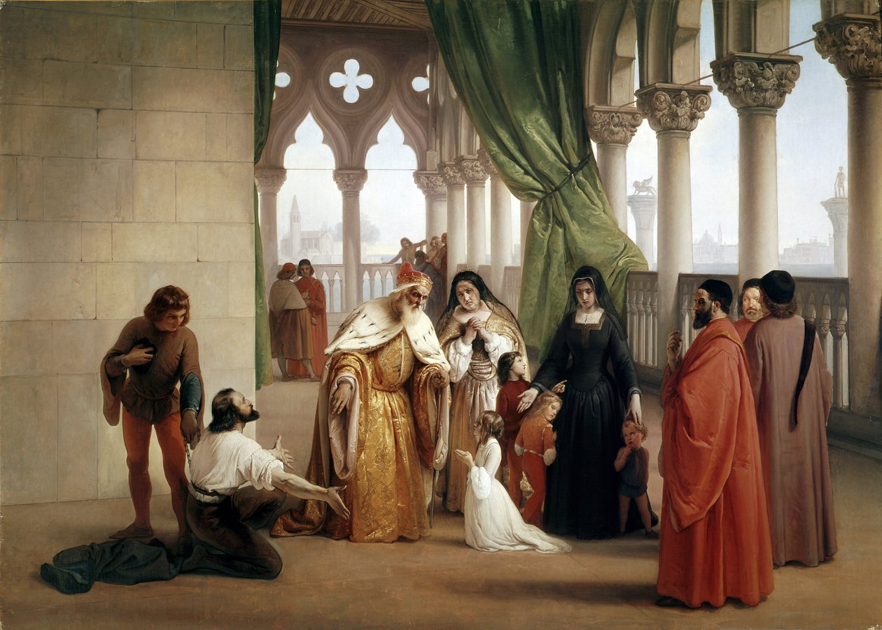 Os Dois Foscari: Francesco Foscari, Doge de Veneza banindo o seu filho Jacopo da acusação de traição por correspondência no exílio (óleo sobre tela, cerca de 1852) de Francesco Hayez