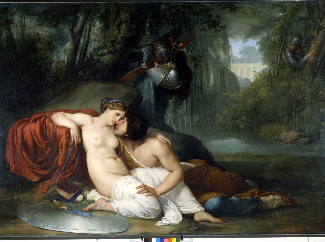 O amor de Renaud e Armide Ilustração de uma cena de "La Jerusalem delivree" (La gerusalemme liberata) de Torquato Tasso (conhecida como a Caneca). O encantador Armide rodeado de um seduto muito simbólico Amours com a ajuda do seu espelho mágico o cavaleiro de Francesco Hayez