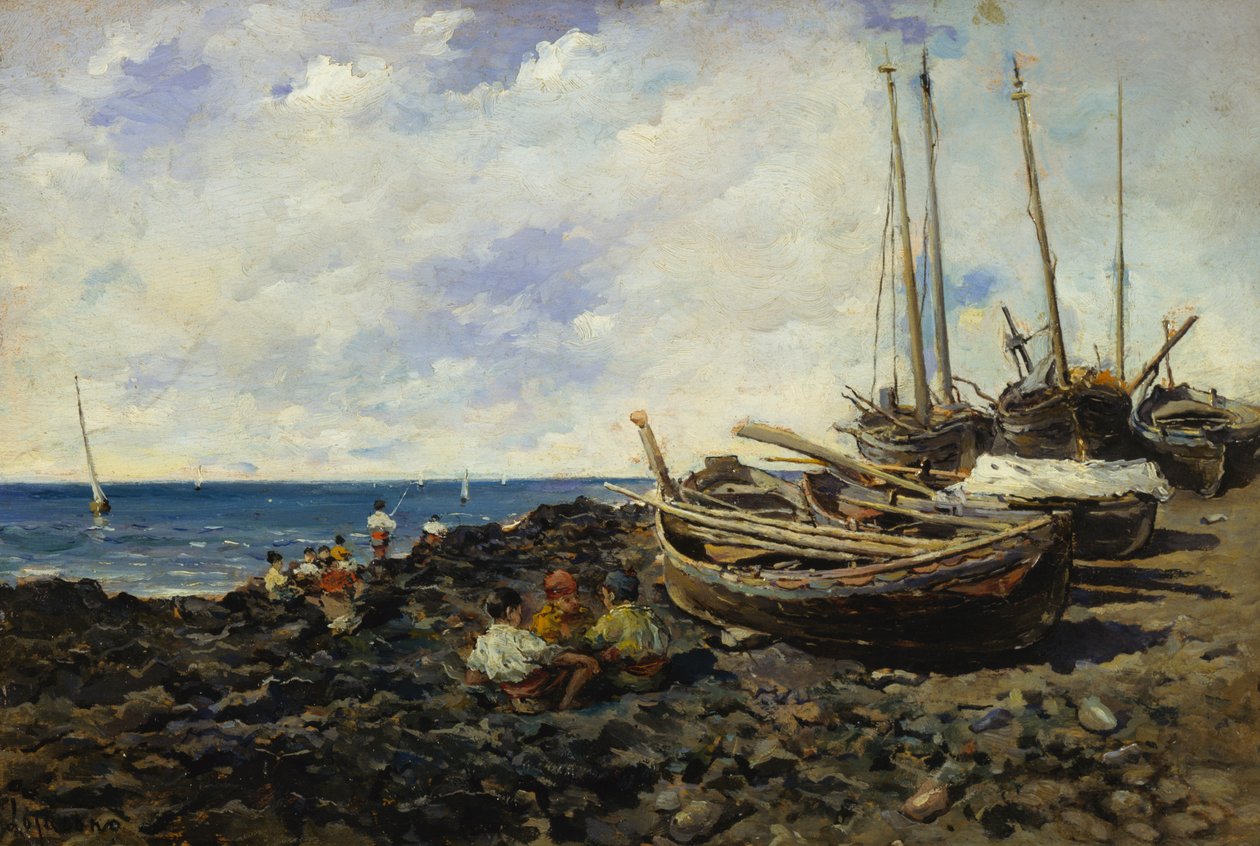 Pescadores com barcos em terra de Francesco Lojacono