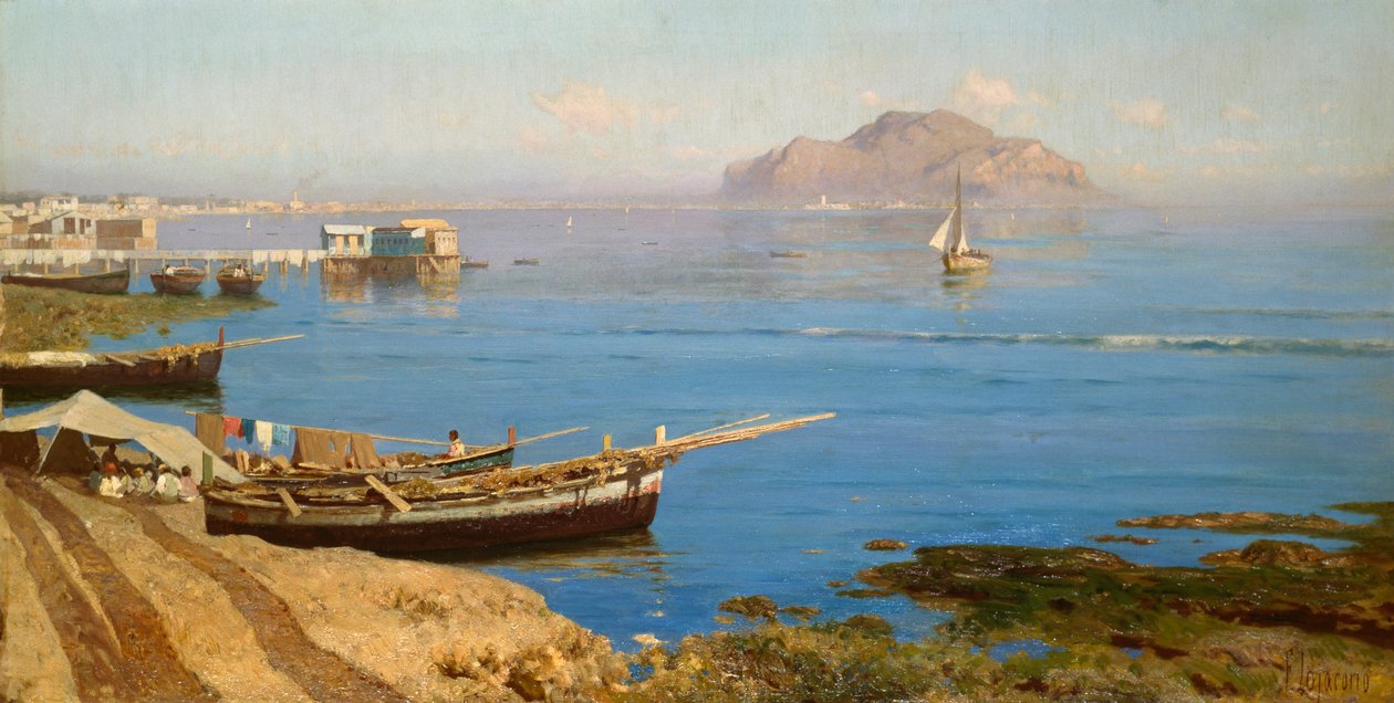 Marina com barco e pescadores, de Francesco Lojacono (1838-1915), óleo sobre tela, 61x118 cm de Francesco Lojacono