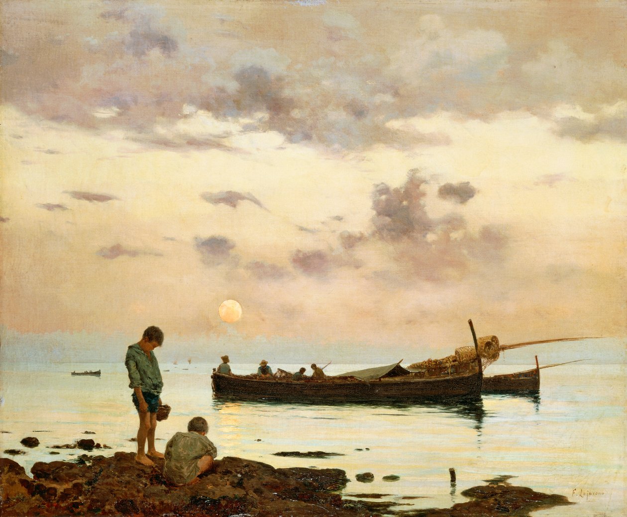 Marina com barco de pesca e rapazes, de Francesco Lojacono (1838-1915), óleo sobre tela, 64x77 cm de Francesco Lojacono