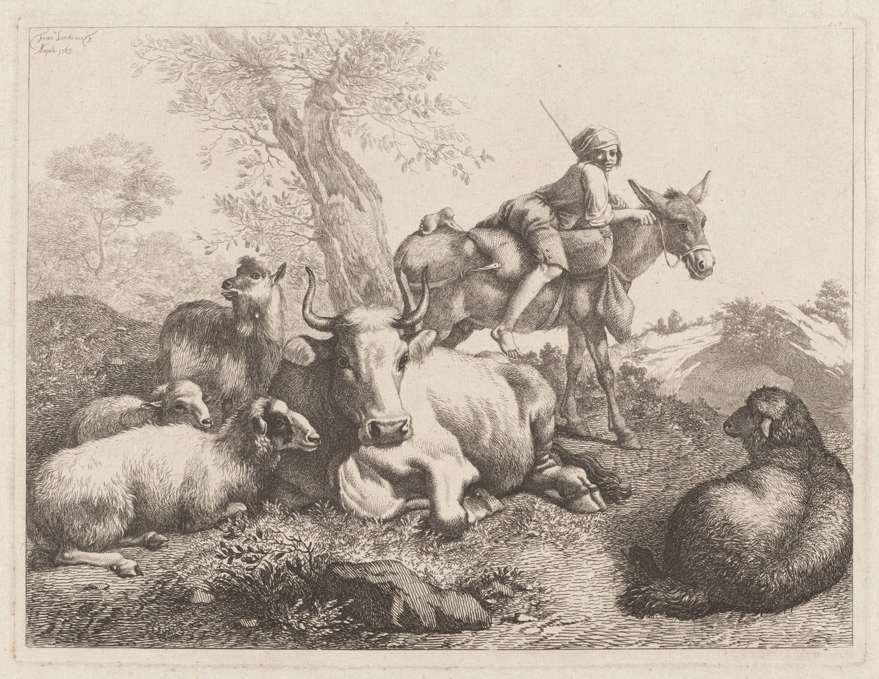 Menino em um burro cuidando de um grupo de animais, 1763. de Francesco Londonio