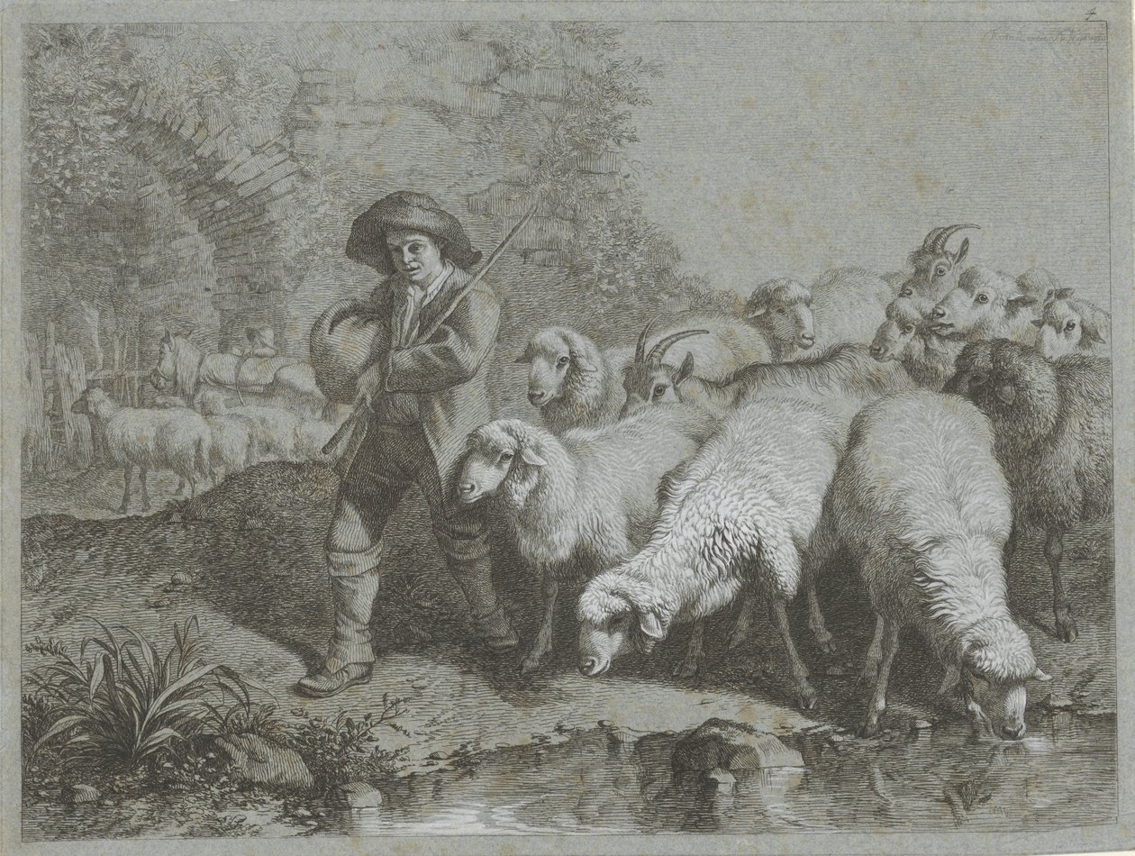 Pastor com rebanho de ovelhas e cabras Cenas de pastor (título da série) de Francesco Londonio