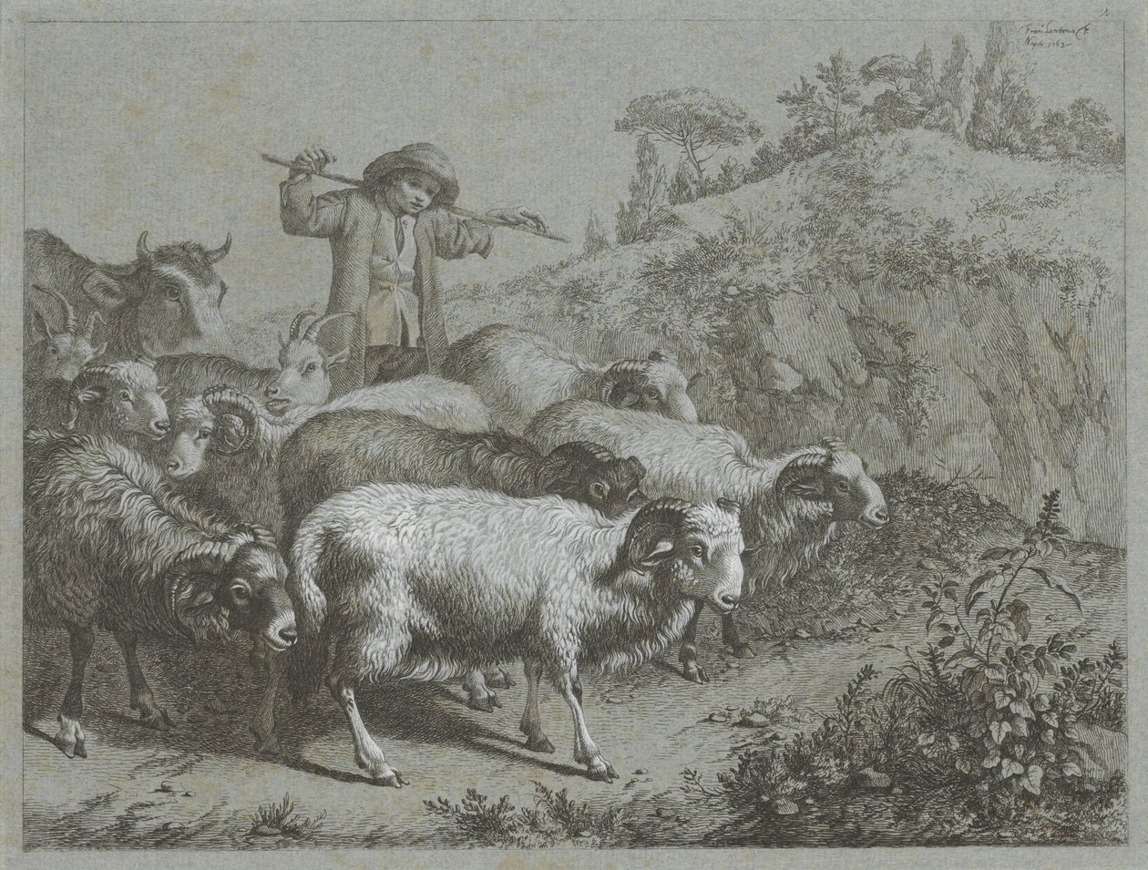 Pastor com carneiros, cabras e vaca Cenas de pastor (título da série) de Francesco Londonio
